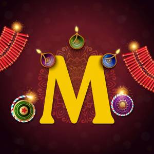 Golden letter M with Diwali decorations and firecrackers