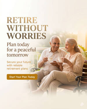 An elderly couple sitting on a wooden bench drinking tea outdoors, promoting retirement planning services.