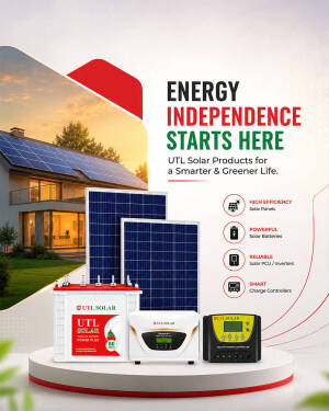 UTL Solar panels, inverter, battery, and charge controller displayed against a house with solar rooftop