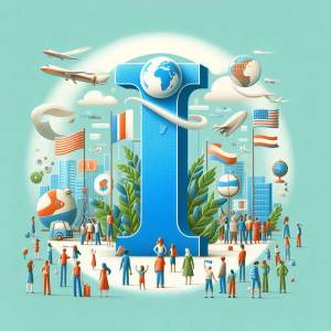 Illustration of a large letter 'I' incorporating travel elements like airplanes, flags, and cityscapes.