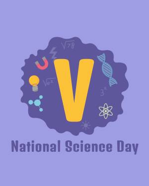 Illustration for National Science Day featuring the letter 'V' surrounded by science-related icons.