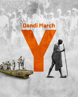 Image depicting Mahatma Gandhi leading the Dandi March with a prominent 'Y' symbol.