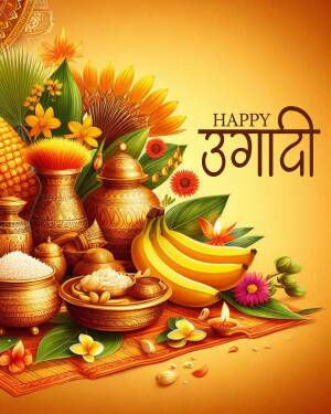 Ugadi festival decorations with fruits, flowers, and traditional items