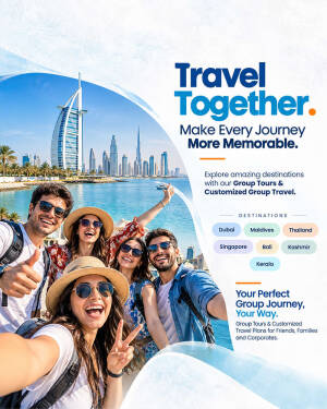 A group of happy friends taking a selfie with the Dubai skyline in the background, promoting group travel services.