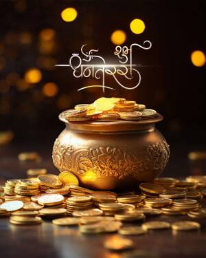 Golden pot filled with gold coins and the word 'Shubh Dhanteras' in light script.