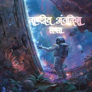 Astronaut exploring a futuristic, alien landscape with a spaceship fragment.