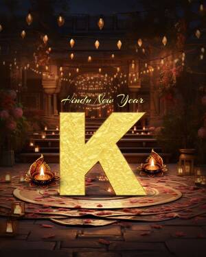 Golden letter K with Hindu New Year decorations and lit lamps