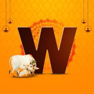 Letter W with cow and calf illustration for Govardhan Puja