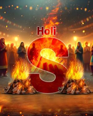 A vibrant image depicting the letter 'S' engulfed in flames with people celebrating Holi in the background.