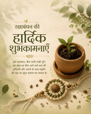 A creative Rakhi festival greeting featuring a small plant in a pot and a seed Rakhi, emphasizing eco-friendly celebrations.