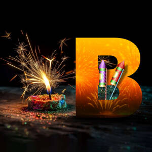 Letter 'B' decorated with a burning candle, fireworks, and colorful powder.