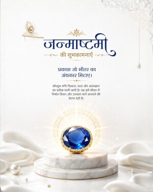 Creative Janmashtami greeting featuring a glowing Kaustubh Mani jewel on a marble pedestal