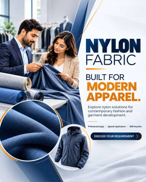 Professional couple examining high-quality blue nylon fabric in a textile showroom
