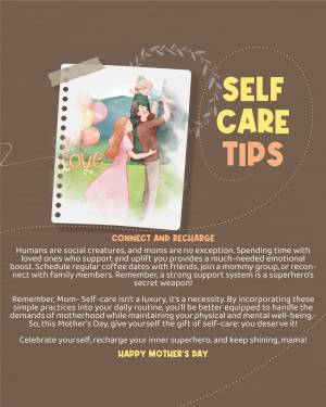 Watercolor illustration of a family with text 'Self Care Tips' and 'Happy Mother's Day'