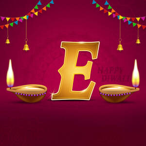 Golden letter E with Diwali decorations