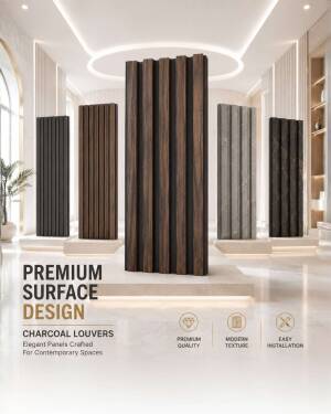Various charcoal louver wall panel designs displayed in a modern, well-lit showroom.