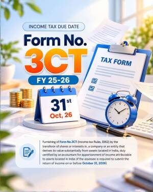 Form 3CT income tax deadline notice for FY 25-26 with a desk calendar showing October 31st