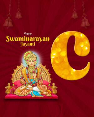 Swaminarayan Jayanti greeting with a portrait of Swaminarayan and golden embellishments.