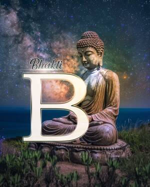 Buddha statue meditating against a galactic background with the letter 'B'