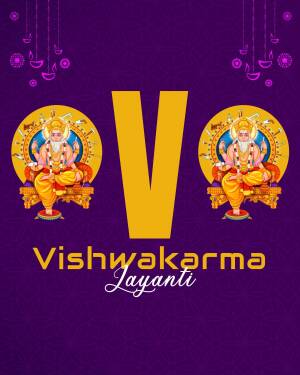Vishwakarma Jayanti celebration image with Lord Vishwakarma and the letter 'V'