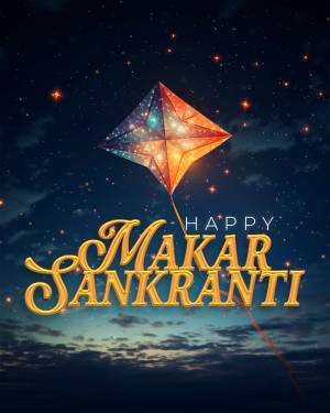 Colorful kite flying in a night sky with 'Happy Makar Sankranti' text
