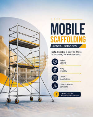 Mobile metal scaffolding tower on a construction site background