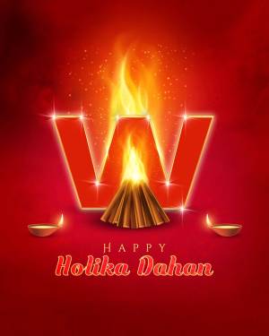 Holika Dahan celebration with a fiery 'W' symbol