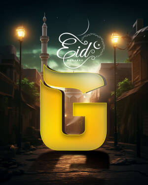 Eid Mubarak greeting with a large letter 'G' in a street setting