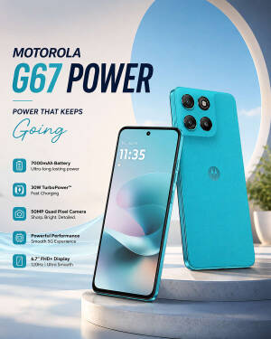 Motorola G67 Power smartphone featuring a bright blue body, 7000mAh battery, 50MP camera, and 6.7 inch FHD+ display