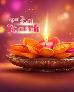 A glowing candle inside a lotus flower with Diwali greetings in Gujarati script.