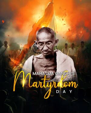 Portrait of Mahatma Gandhi with the Indian flag and a crowd in the background, commemorating Martyrdom Day.