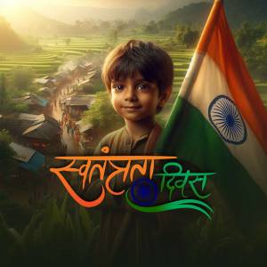 A young Indian boy holding the Indian flag with a village scene in the background and Independence Day text.