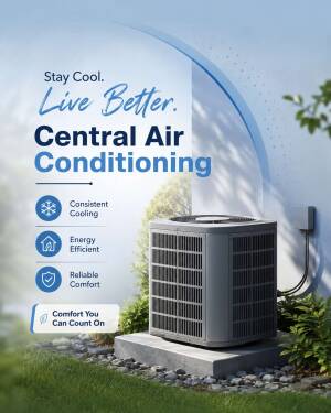 A modern central air conditioning unit outdoors surrounded by green plants and a sky background with text highlights.