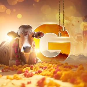 Image of a cow with a large 'G' symbol and marigold flowers, celebrating Gopashtami.