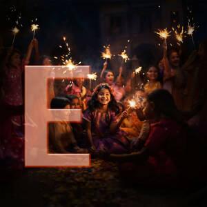 A group of children holding sparklers with a large letter 'E' in the foreground.