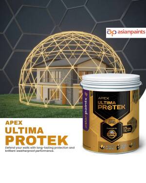 Asian Paints Apex Ultima Protek paint can with a house illustration showing weather protection.