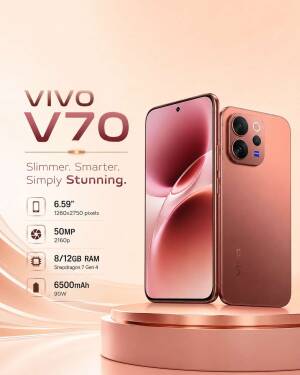 Vivo V70 smartphone front and back view with technical specifications on a light peach background
