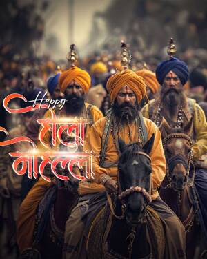 Sikh Nihang warriors on horseback celebrating Hola Mohalla
