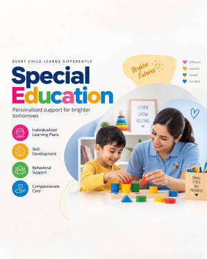 A smiling teacher and a young boy playing with colorful wooden educational toys during a special education session.