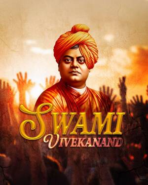 Portrait of Swami Vivekananda with a crowd in the background