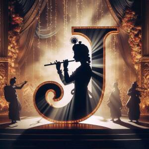 Silhouette of Lord Krishna playing the flute with accompanying musicians