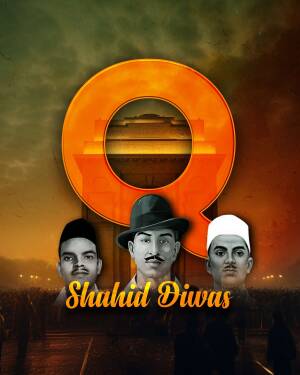 Image depicting Shaheed Diwas with portraits of Indian freedom fighters and India Gate.