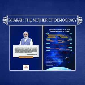 Book cover featuring Narendra Modi and a depiction of democratic ethics in Bharat.