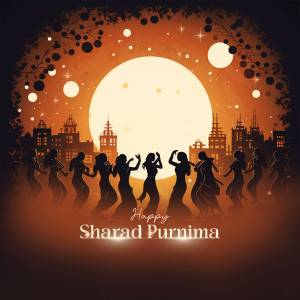 Silhouette of women dancing under a full moon with a city skyline, celebrating Sharad Purnima.