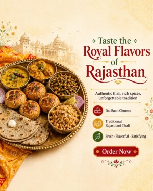 A traditional Rajasthani thali featuring Dal Baati Churma on a brass plate with cultural architectural background.