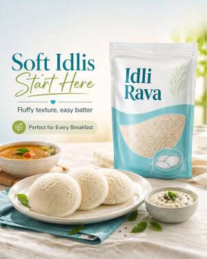 A packet of Idli Rava next to a plate of soft steamed idlis, chutney, and sambar on a table.