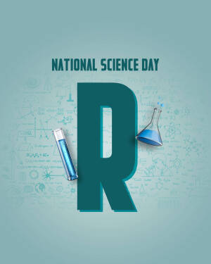 National Science Day graphic with a large letter 'R' and science equipment