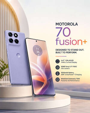 A lavender Motorola 70 Fusion+ smartphone shown from the back and front on a pedestal.