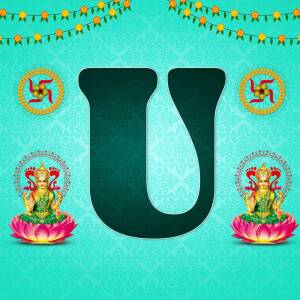 Letter U with Diwali themed decorations including Lakshmi Goddess and Swastika symbols