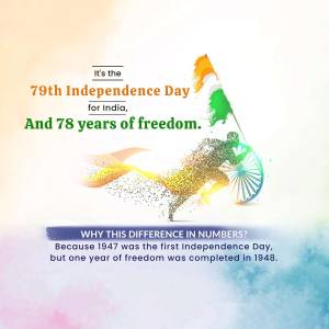 Image depicting the 78th Independence Day of India with a silhouette of a person running with the Indian flag and a spinning wheel.